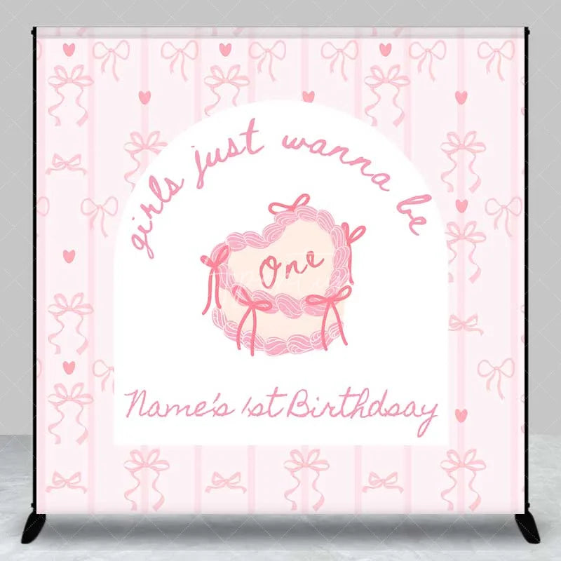 Aperturee - Aperturee Custom 1st Birthday Backdrop Pink Bows Coquette Personalize Name Cute Heart Cake Ribbon Background Girl Party Prop