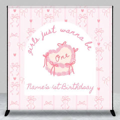 Aperturee - Aperturee Custom 1st Birthday Backdrop Pink Bows Coquette Personalize Name Cute Heart Cake Ribbon Background Girl Party Prop