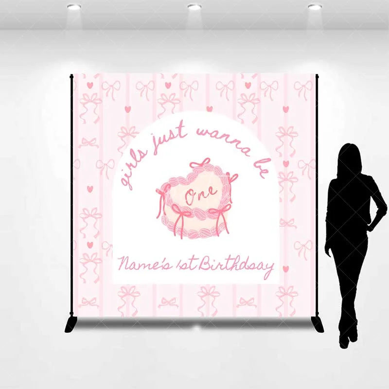 Aperturee - Aperturee Custom 1st Birthday Backdrop Pink Bows Coquette Personalize Name Cute Heart Cake Ribbon Background Girl Party Prop