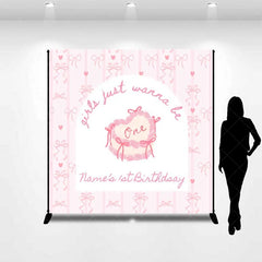 Aperturee - Aperturee Custom 1st Birthday Backdrop Pink Bows Coquette Personalize Name Cute Heart Cake Ribbon Background Girl Party Prop