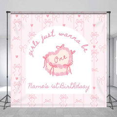 Aperturee - Aperturee Custom 1st Birthday Backdrop Pink Bows Coquette Personalize Name Cute Heart Cake Ribbon Background Girl Party Prop
