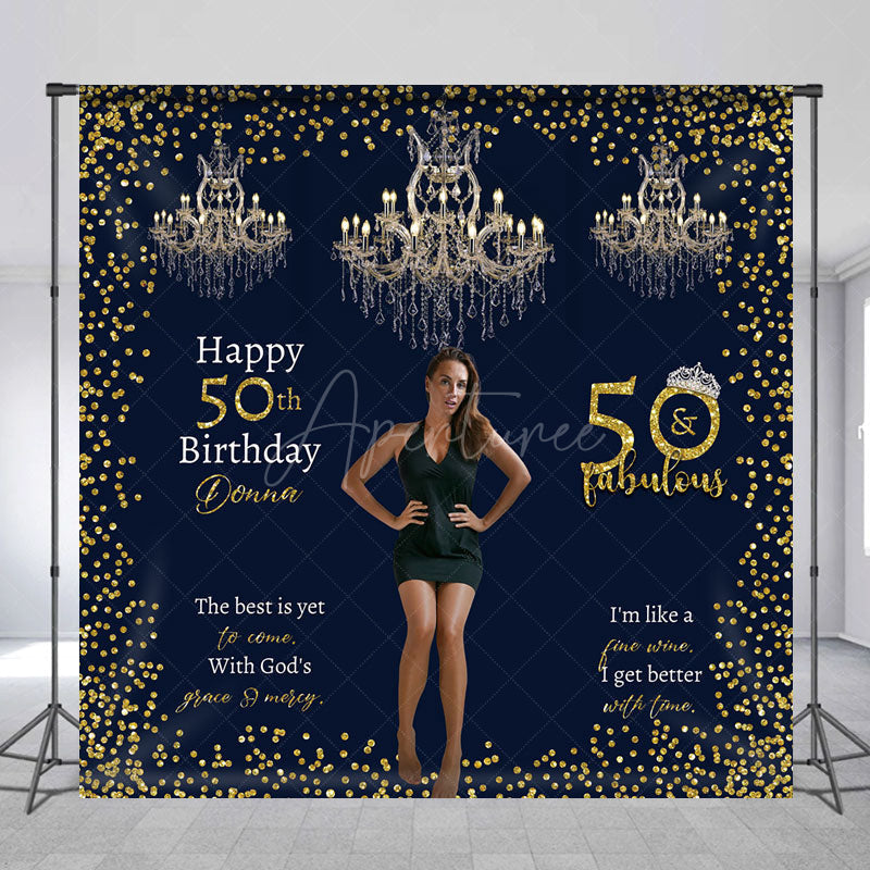 Aperturee Aperturee Custom 50 and Fabulous Birthday Photo Backdrop Elegant Navy and Gold with Chandeliers Personalized Party Decor