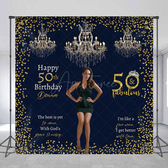 Aperturee Aperturee Custom 50 and Fabulous Birthday Photo Backdrop Elegant Navy and Gold with Chandeliers Personalized Party Decor