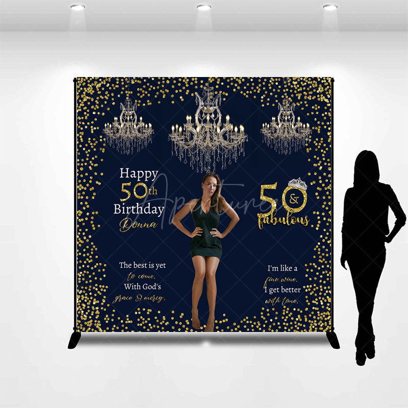 Aperturee Aperturee Custom 50 and Fabulous Birthday Photo Backdrop Elegant Navy and Gold with Chandeliers Personalized Party Decor