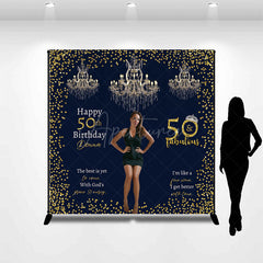 Aperturee Aperturee Custom 50 and Fabulous Birthday Photo Backdrop Elegant Navy and Gold with Chandeliers Personalized Party Decor