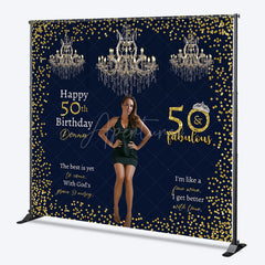 Aperturee Aperturee Custom 50 and Fabulous Birthday Photo Backdrop Elegant Navy and Gold with Chandeliers Personalized Party Decor