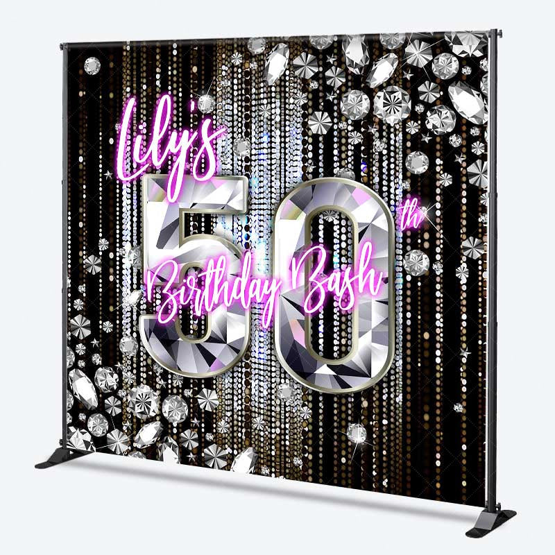 Aperturee Aperturee Custom 50th Birthday Bash Backdrop for Her Glamorous Pink Neon and Diamonds Fabulous Fifty Party Photo Prop