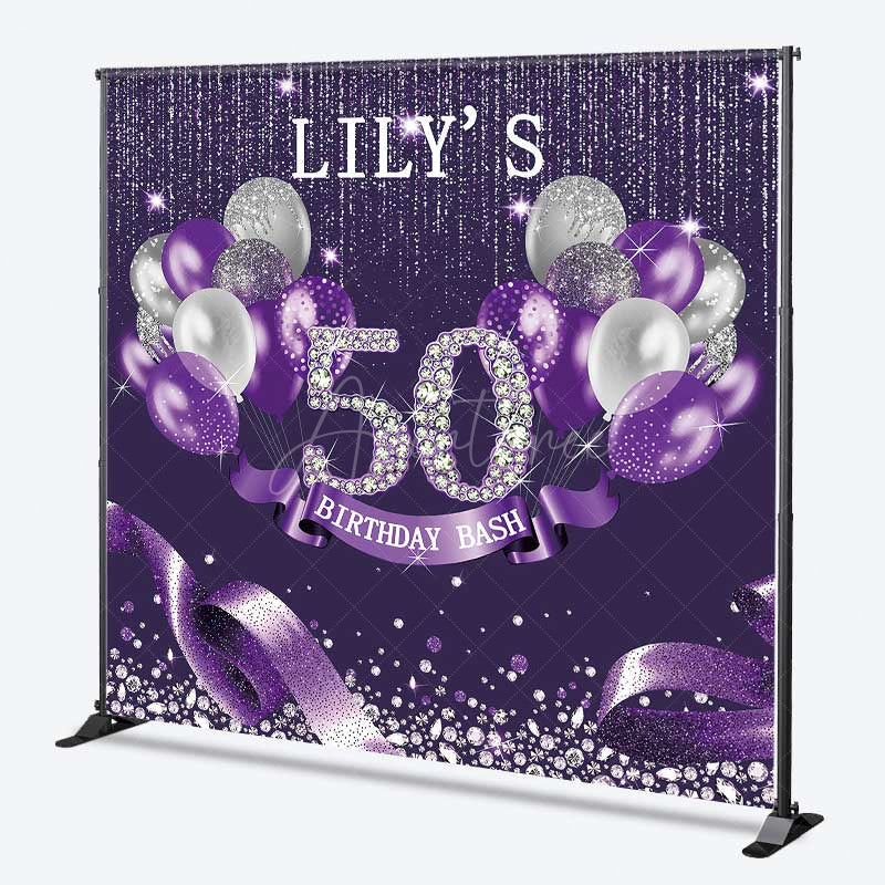 Aperturee Aperturee Custom 50th Birthday Bash Backdrop for Her Purple and Silver Glitter Balloons Fabulous Fifty Diamond Party Prop