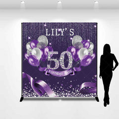 Aperturee Aperturee Custom 50th Birthday Bash Backdrop for Her Purple and Silver Glitter Balloons Fabulous Fifty Diamond Party Prop