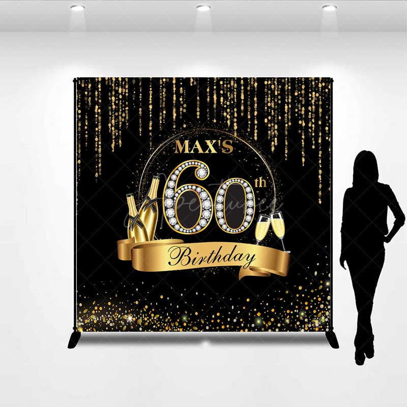Aperturee Aperturee Custom 60th Birthday Party Backdrop Black and Gold Theme with Diamonds Personalized Milestone Elegant Decor