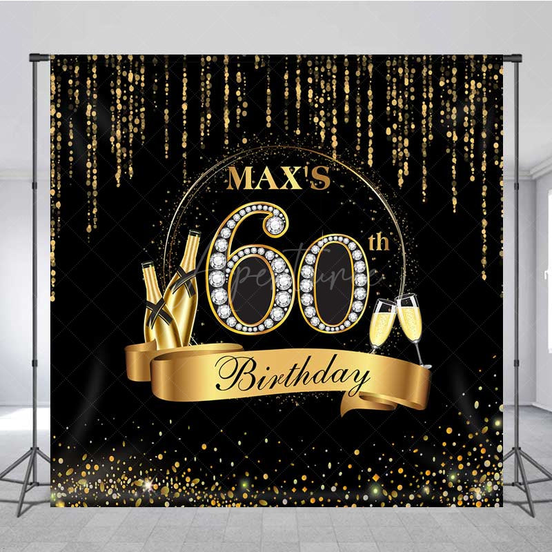 Aperturee Aperturee Custom 60th Birthday Party Backdrop Black and Gold Theme with Diamonds Personalized Milestone Elegant Decor