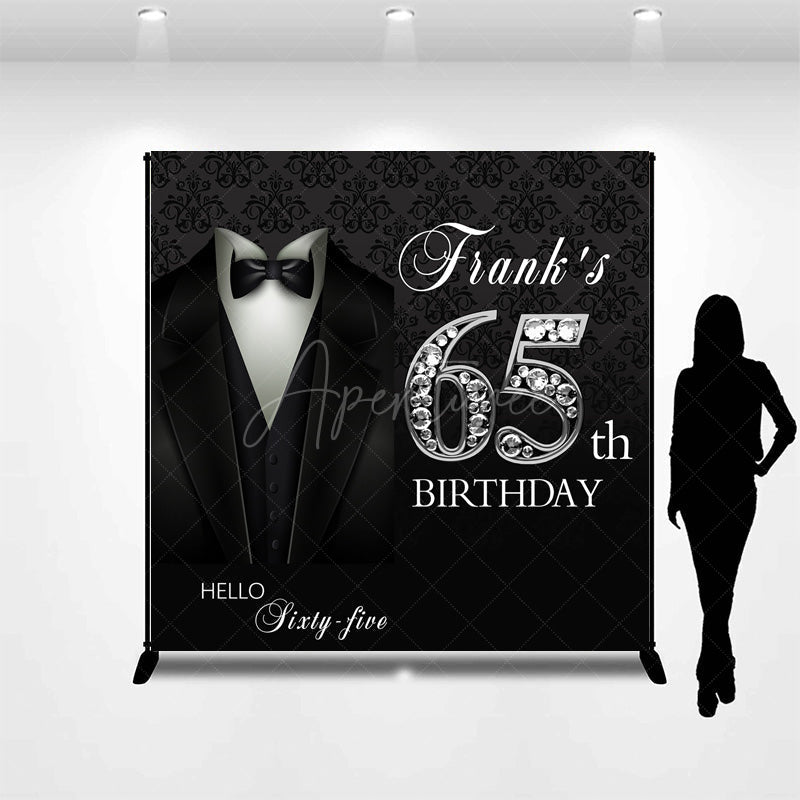 Aperturee Aperturee Custom 65th Birthday Backdrop for Him Black Tie Tuxedo and Diamonds Theme Elegant Milestone Party Photo Prop