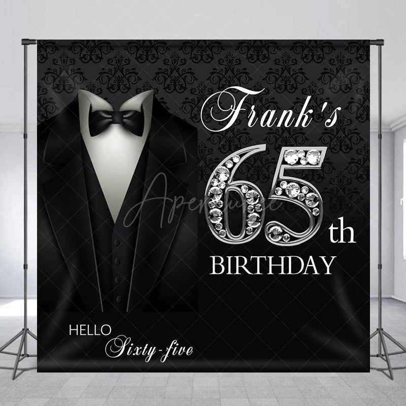 Aperturee Aperturee Custom 65th Birthday Backdrop for Him Black Tie Tuxedo and Diamonds Theme Elegant Milestone Party Photo Prop