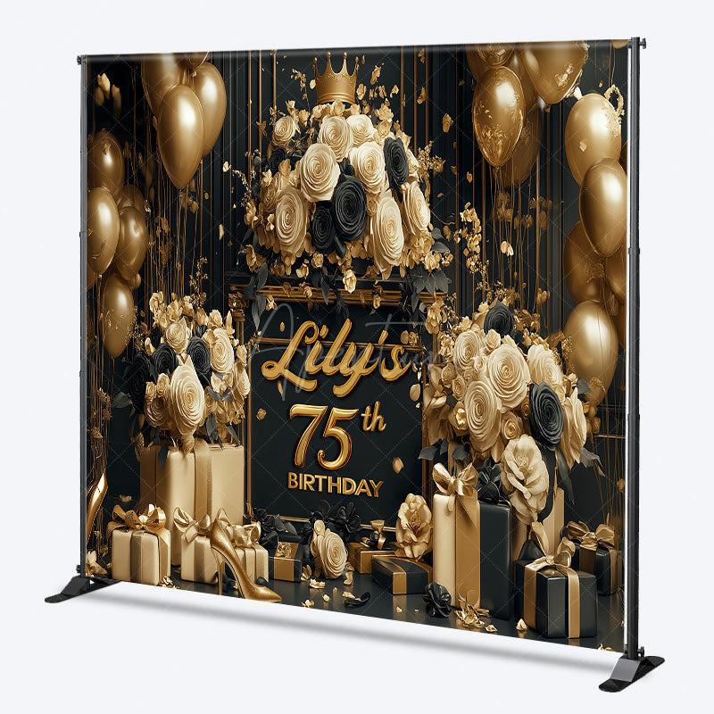 Aperturee Aperturee Custom 75th Birthday Backdrop for Her Black and Gold Balloons with Roses Elegant Milestone Party Photo Prop