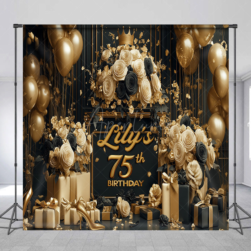 Aperturee Aperturee Custom 75th Birthday Backdrop for Her Black and Gold Balloons with Roses Elegant Milestone Party Photo Prop