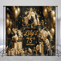 Aperturee Aperturee Custom 75th Birthday Backdrop for Her Black and Gold Balloons with Roses Elegant Milestone Party Photo Prop