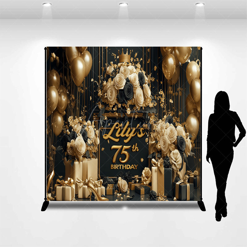 Aperturee Aperturee Custom 75th Birthday Backdrop for Her Black and Gold Balloons with Roses Elegant Milestone Party Photo Prop
