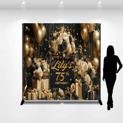 Aperturee Aperturee Custom 75th Birthday Backdrop for Her Black and Gold Balloons with Roses Elegant Milestone Party Photo Prop