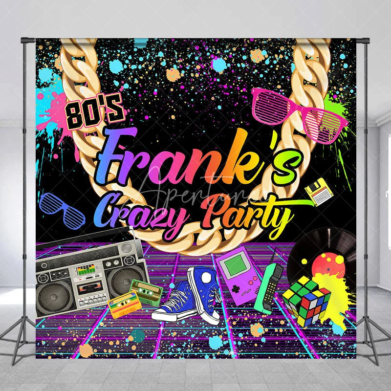 Aperturee - Aperturee Custom 80s Retro Neon Graffiti Party Backdrop with Gold Chain and Boombox Vibrant Birthday Decor