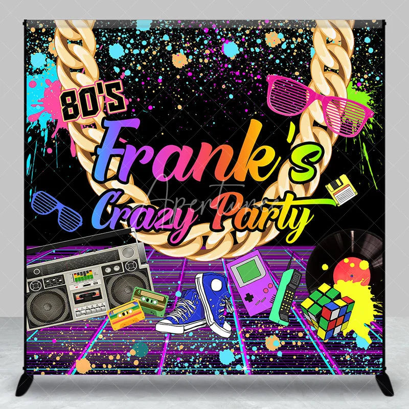 Aperturee - Aperturee Custom 80s Retro Neon Graffiti Party Backdrop with Gold Chain and Boombox Vibrant Birthday Decor
