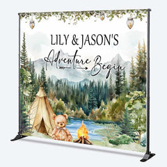 Aperturee Aperturee Custom Adventure Begins Baby Shower Backdrop Woodland Mountain and Teepee Personalized Camping Theme Welcome Sign
