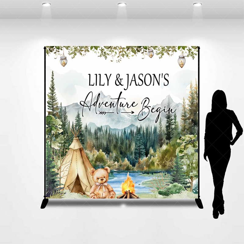 Aperturee Aperturee Custom Adventure Begins Baby Shower Backdrop Woodland Mountain and Teepee Personalized Camping Theme Welcome Sign