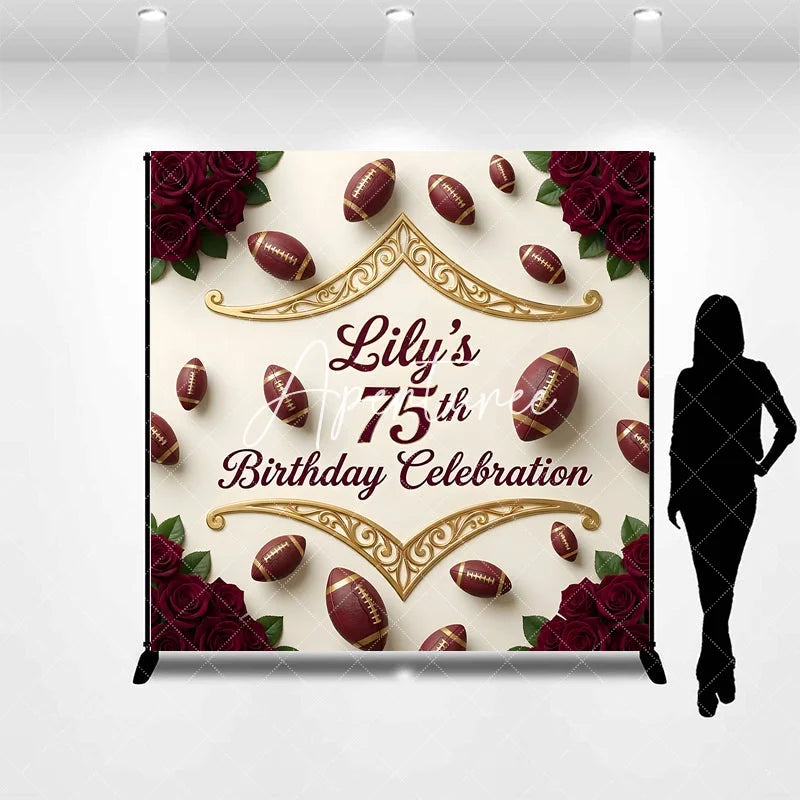 Aperturee - Aperturee Custom American Football and Red Rose 75th Birthday Celebration Backdrop Personalized Gold Scrollwork Party Decor