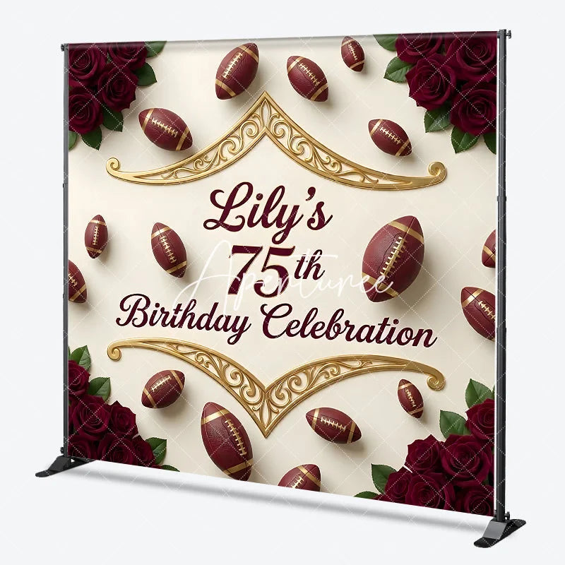 Aperturee - Aperturee Custom American Football and Red Rose 75th Birthday Celebration Backdrop Personalized Gold Scrollwork Party Decor