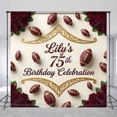Aperturee - Aperturee Custom American Football and Red Rose 75th Birthday Celebration Backdrop Personalized Gold Scrollwork Party Decor