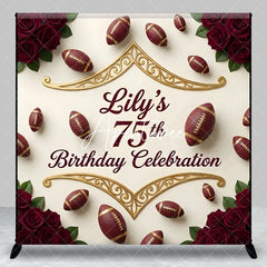 Aperturee - Aperturee Custom American Football and Red Rose 75th Birthday Celebration Backdrop Personalized Gold Scrollwork Party Decor