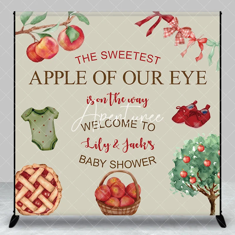 Aperturee - Aperturee Custom Apple of Our Eye Baby Shower Backdrop Personalized Welcome Sign with Watercolor Apples and Pie