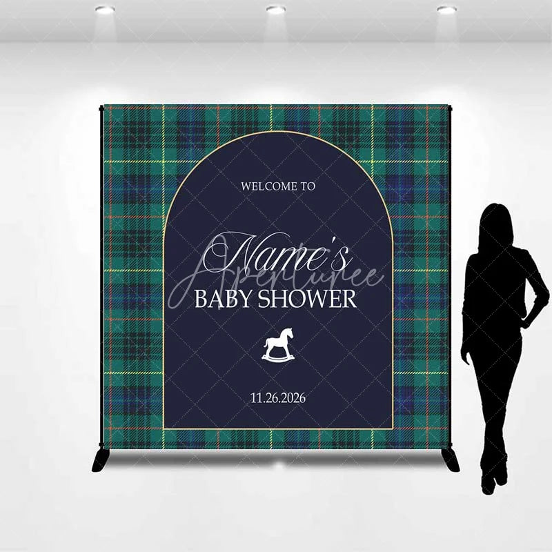 Aperturee - Aperturee Custom Arch Backdrop Green Plaid Rocking Horse Personalize Name Tartan Baby Shower Cover Winter Holiday Party Decor