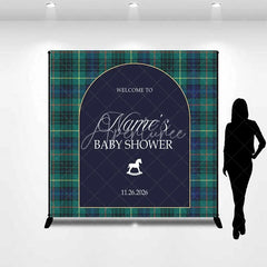 Aperturee - Aperturee Custom Arch Backdrop Green Plaid Rocking Horse Personalize Name Tartan Baby Shower Cover Winter Holiday Party Decor