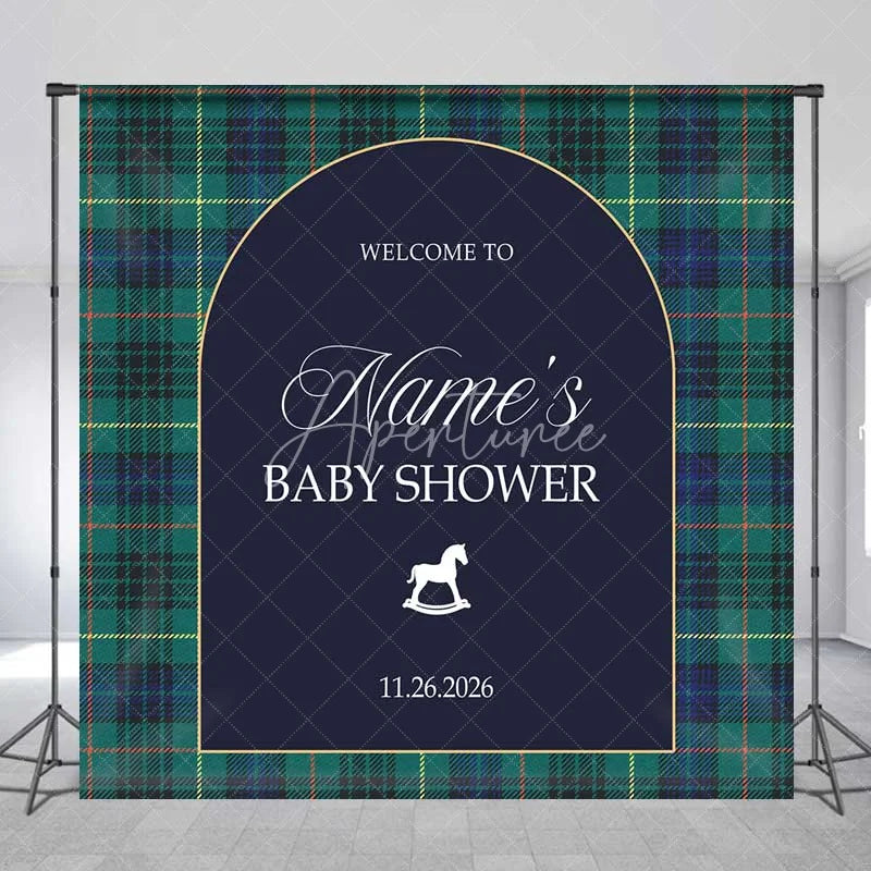 Aperturee - Aperturee Custom Arch Backdrop Green Plaid Rocking Horse Personalize Name Tartan Baby Shower Cover Winter Holiday Party Decor