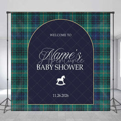 Aperturee - Aperturee Custom Arch Backdrop Green Plaid Rocking Horse Personalize Name Tartan Baby Shower Cover Winter Holiday Party Decor