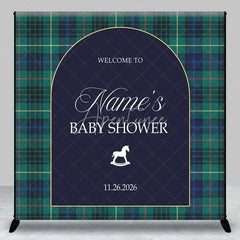 Aperturee - Aperturee Custom Arch Backdrop Green Plaid Rocking Horse Personalize Name Tartan Baby Shower Cover Winter Holiday Party Decor