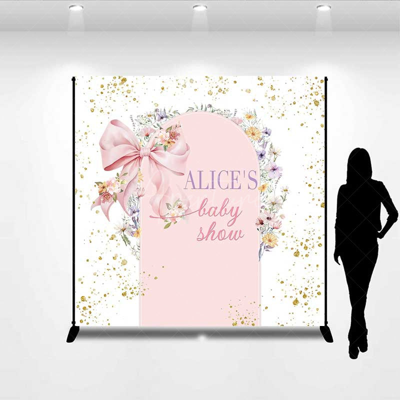 Aperturee Aperturee Custom Baby Shower Arch Backdrop Pink Bow and Wildflower Wreath Boho Floral Garden Party Welcome Sign Decor