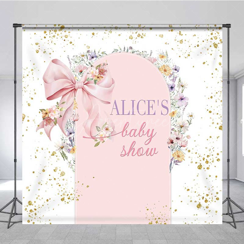 Aperturee Aperturee Custom Baby Shower Arch Backdrop Pink Bow and Wildflower Wreath Boho Floral Garden Party Welcome Sign Decor
