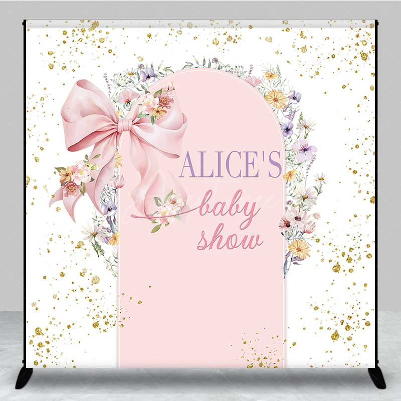Aperturee Aperturee Custom Baby Shower Arch Backdrop Pink Bow and Wildflower Wreath Boho Floral Garden Party Welcome Sign Decor