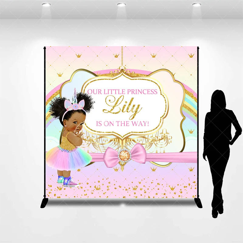 Aperturee - Aperturee Custom Baby Shower Backdrop African American Princess Unicorn Rainbow Gold Glitter