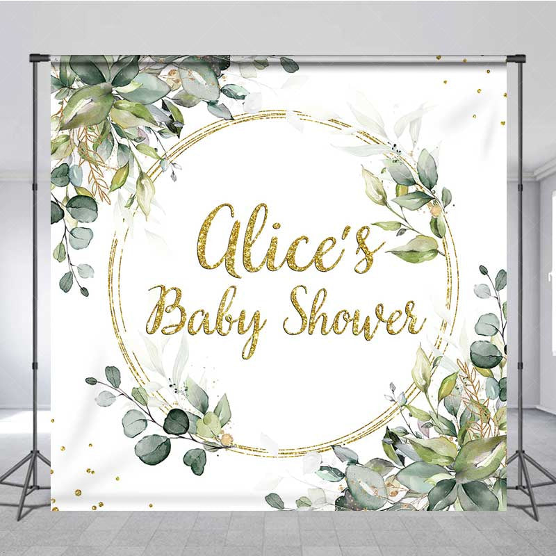 Aperturee Aperturee Custom Baby Shower Backdrop Elegant Gold Glitter and Greenery Wreath Personalized Eucalyptus Leaves Welcome Sign