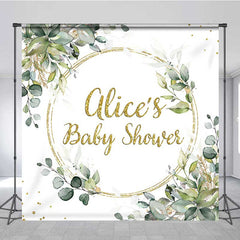 Aperturee Aperturee Custom Baby Shower Backdrop Elegant Gold Glitter and Greenery Wreath Personalized Eucalyptus Leaves Welcome Sign