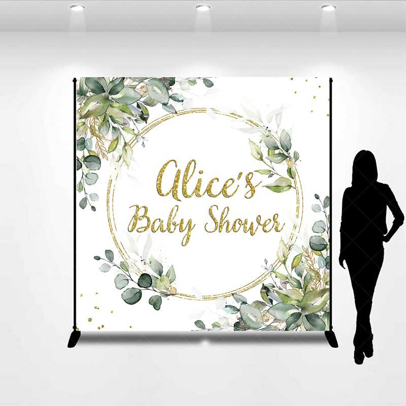 Aperturee Aperturee Custom Baby Shower Backdrop Elegant Gold Glitter and Greenery Wreath Personalized Eucalyptus Leaves Welcome Sign