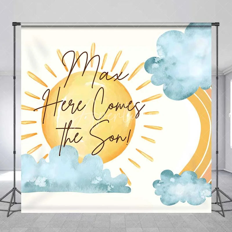 Aperturee - Aperturee Custom Baby Shower Backdrop Here Comes The Sun Boho Rainbow Sunshine Decor