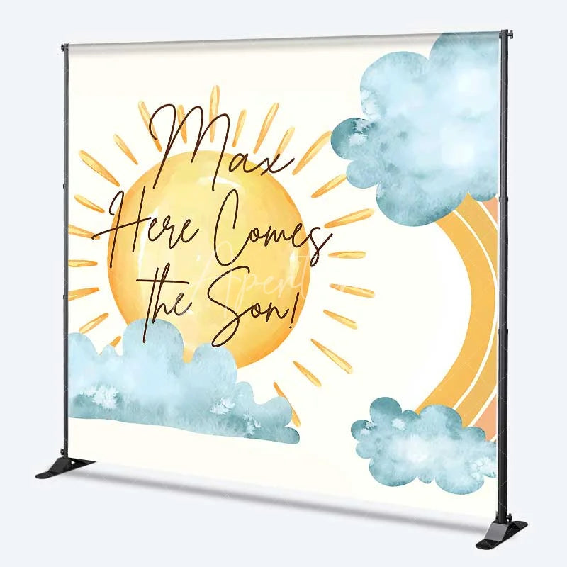 Aperturee - Aperturee Custom Baby Shower Backdrop Here Comes The Sun Boho Rainbow Sunshine Decor