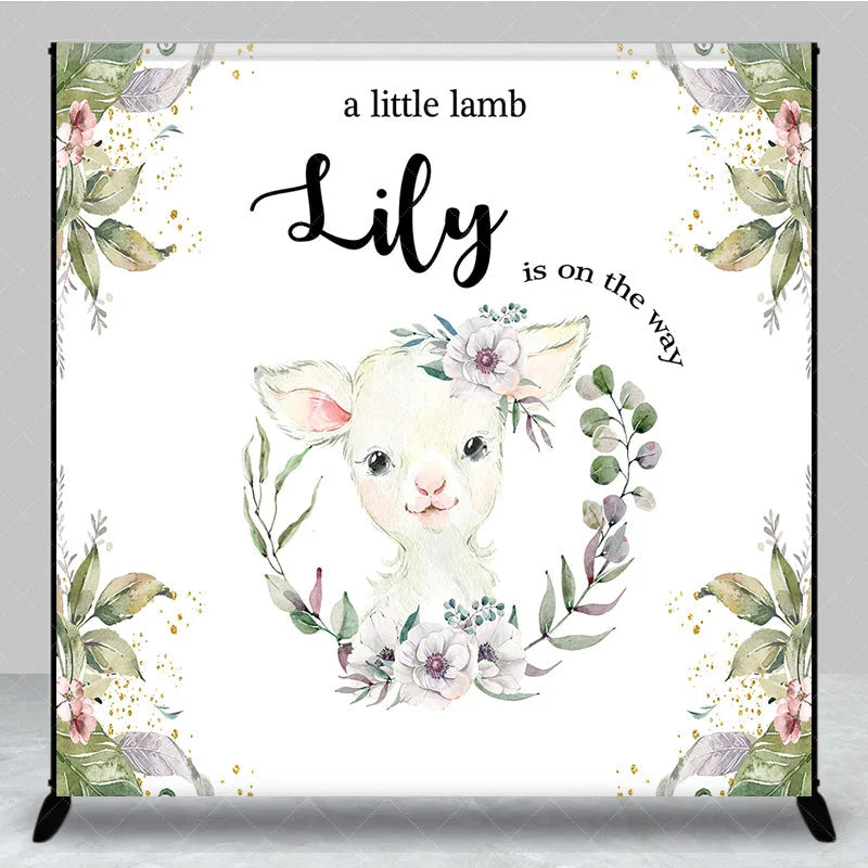 Aperturee - Aperturee Custom Baby Shower Backdrop Little Lamb Watercolor White Flower Greenery Farm Animal