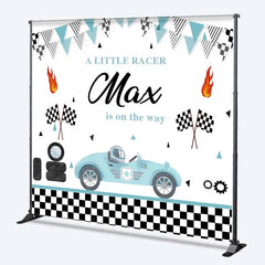 Aperturee - Aperturee Custom Baby Shower Backdrop Little Racer Blue Car Checkered Flag Decoration