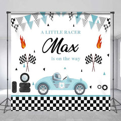 Aperturee - Aperturee Custom Baby Shower Backdrop Little Racer Blue Car Checkered Flag Decoration