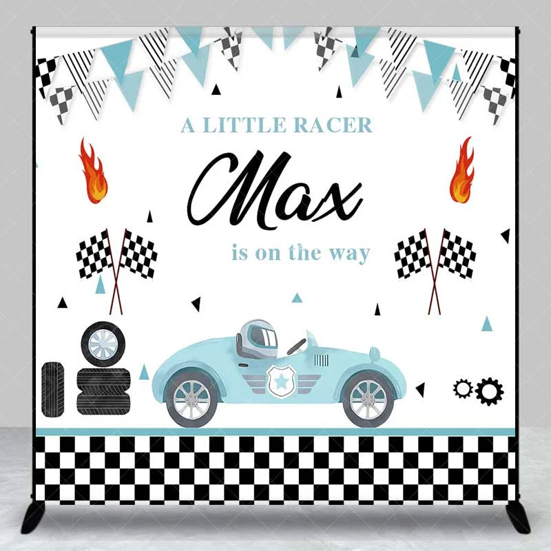 Aperturee - Aperturee Custom Baby Shower Backdrop Little Racer Blue Car Checkered Flag Decoration
