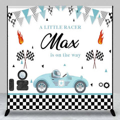 Aperturee - Aperturee Custom Baby Shower Backdrop Little Racer Blue Car Checkered Flag Decoration